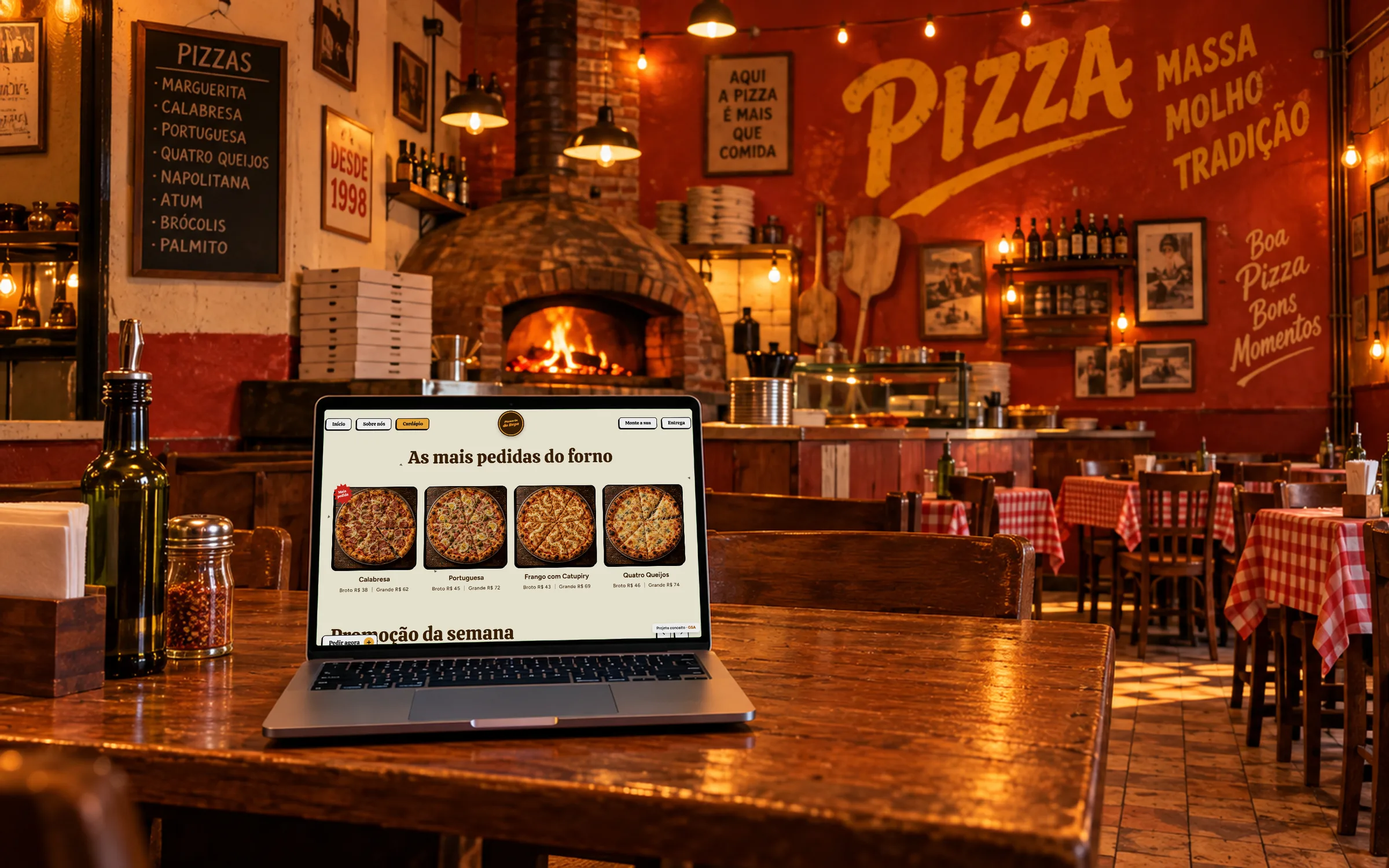 Salão da pizzaria com forno a lenha e o notebook mostrando as pizzas mais pedidas