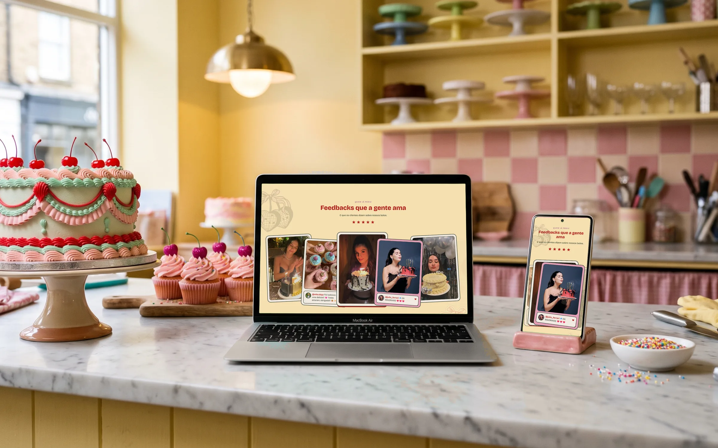 Ateliê de confeitaria com o notebook e o celular mostrando os feedbacks de clientes